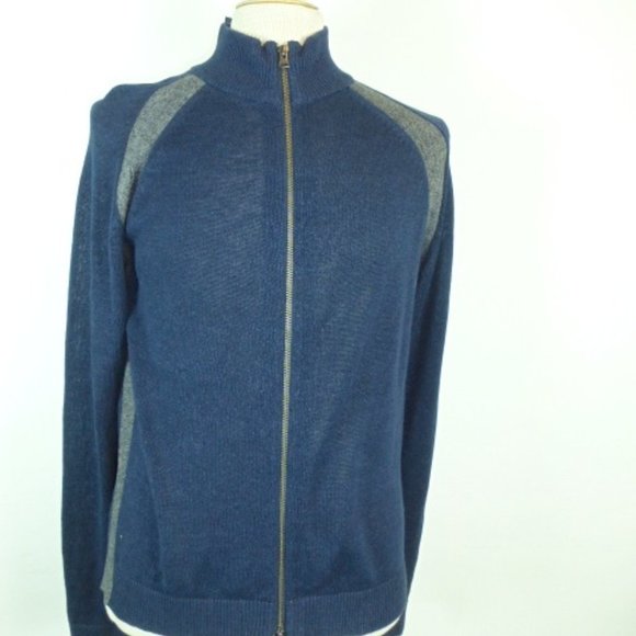 NEW THEORY Blue gray FULL 2 way ZIP CARDIGAN SWEATER L NWT cotton linen stretch